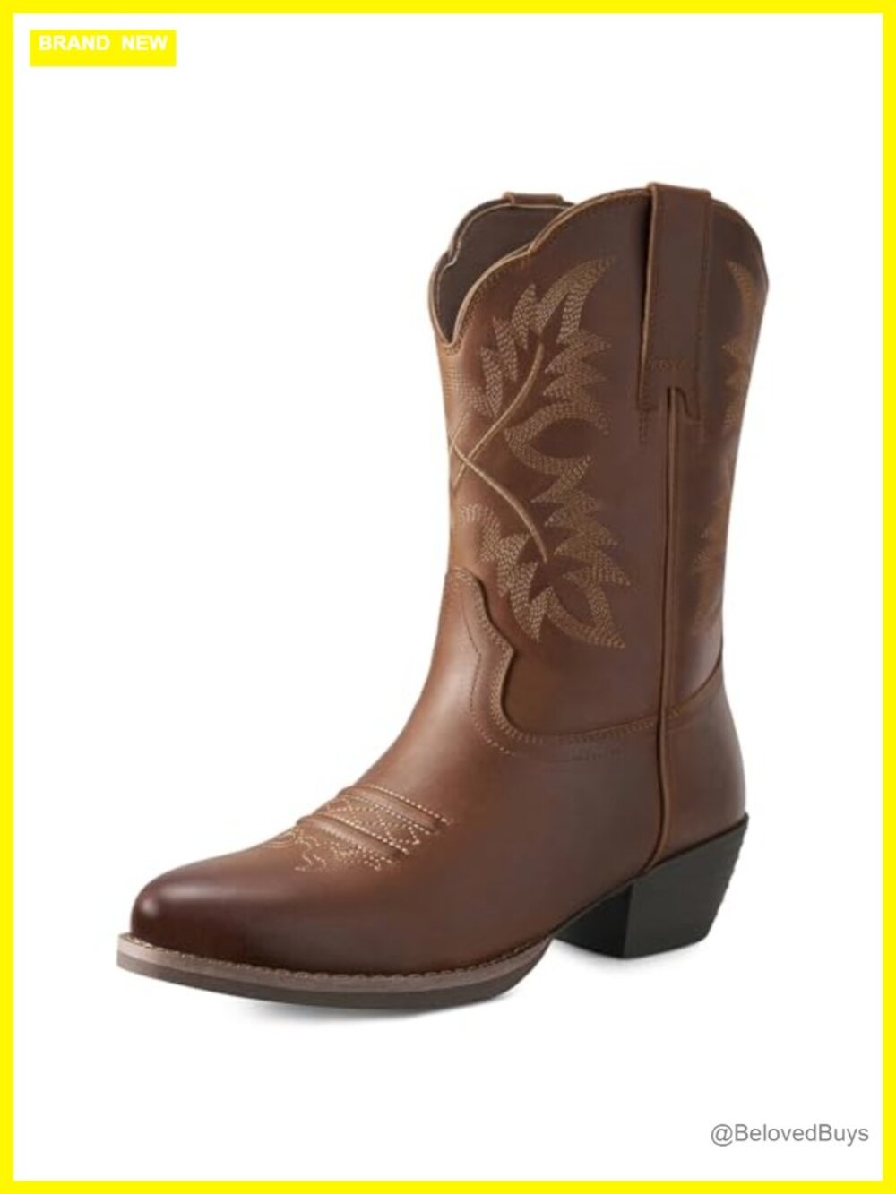 Genuine Leather Western Cowboy Boots Almond Toe Mid Calf Pull On